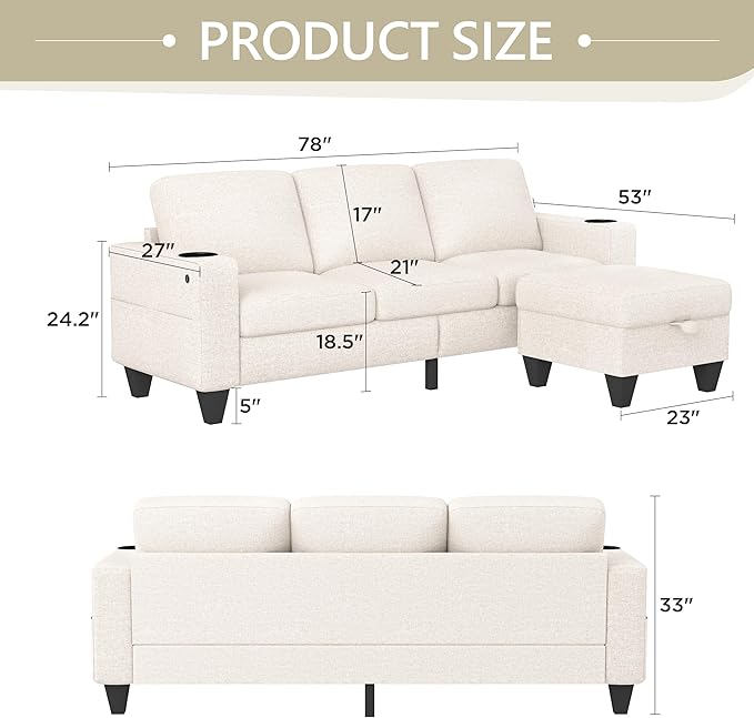 Reversible sectional couch with cupholders and USB port
