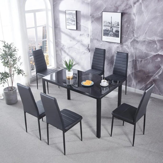 7 pcs glass dining table with leather chairs