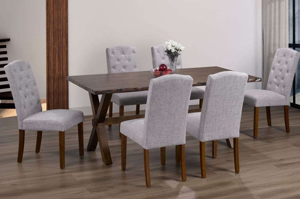 7 wooden dining table with linen chairs