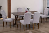 7 wooden dining table with linen chairs