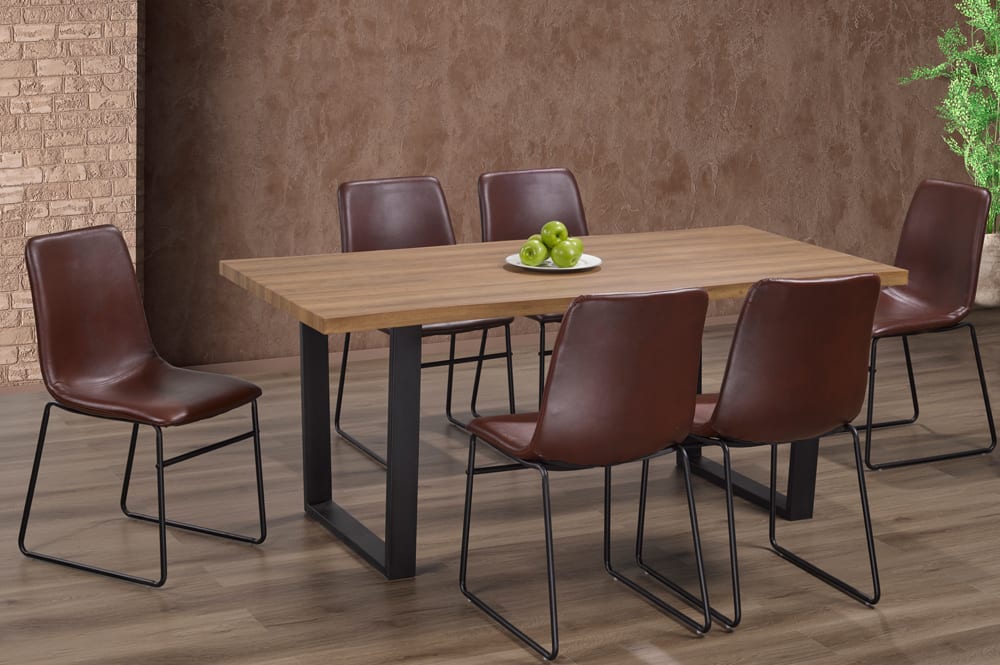 7 pcs wooden dining table with leather chairs