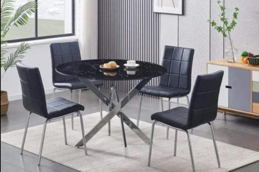 5 pcs glass dining table with leather chairs