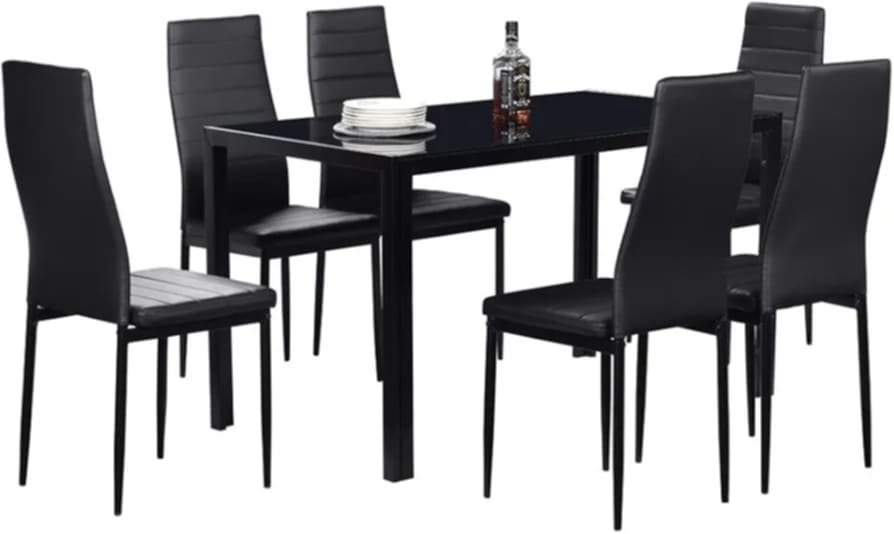 7  pcs glass dining table with leather chairs