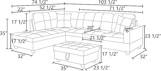 L shape sectional couch with storage ottoman