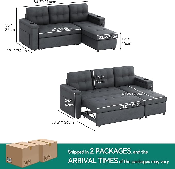 L shape sectional sofa bed with storage chaise