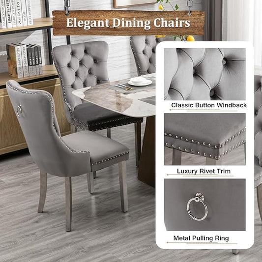 7 pcs glass dining table with Velvet chairs