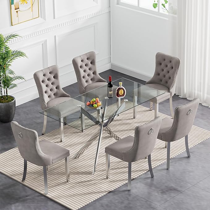 7 pcs glass dining table with Velvet chairs