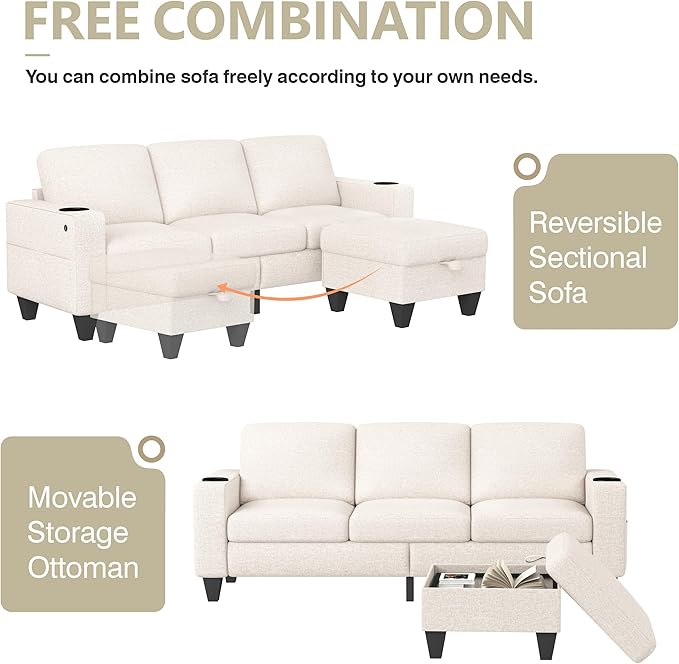 Reversible sectional couch with cupholders and USB port