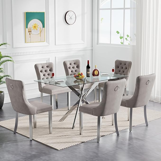 7 pcs glass dining table with Velvet chairs