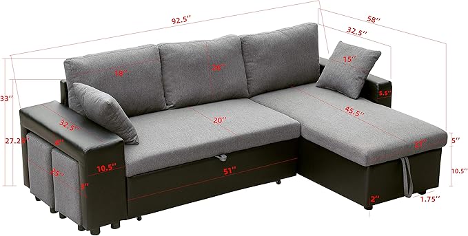 L shape sectional sofa bed with storage chaise