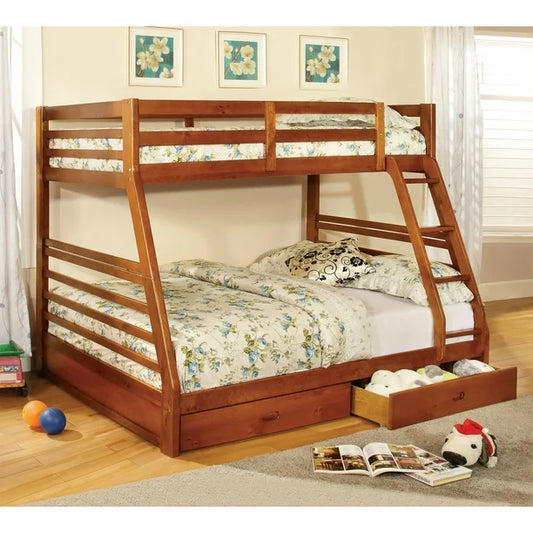 Twin over double wooden bunk bed with storage