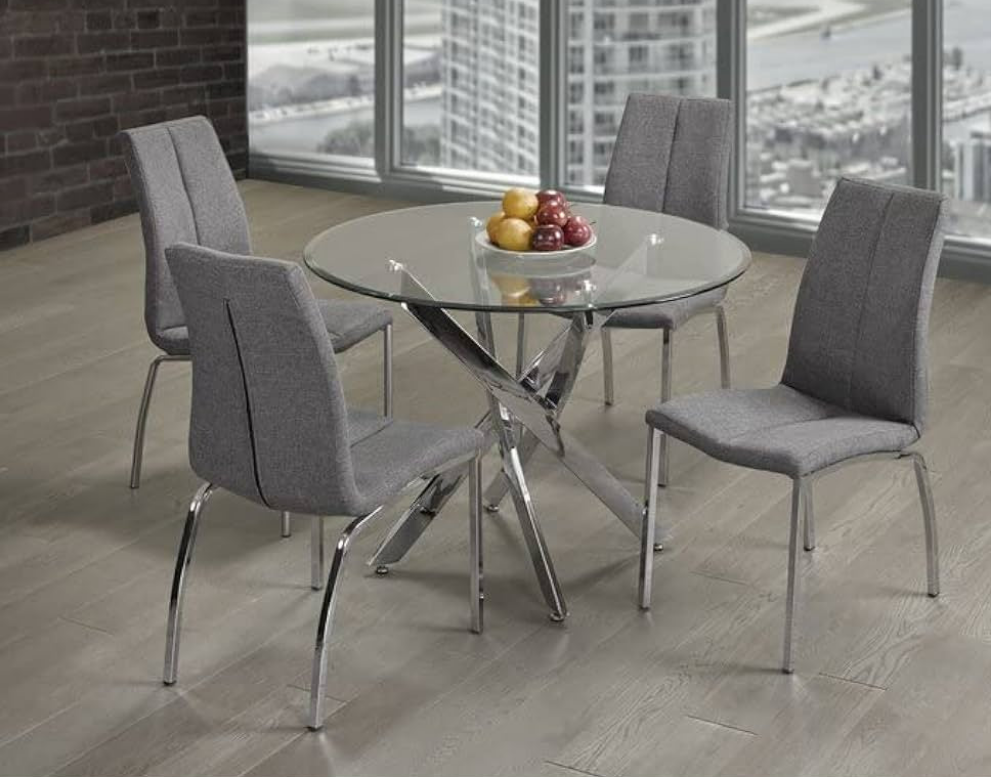 5 pcs glass dining table with linen chairs