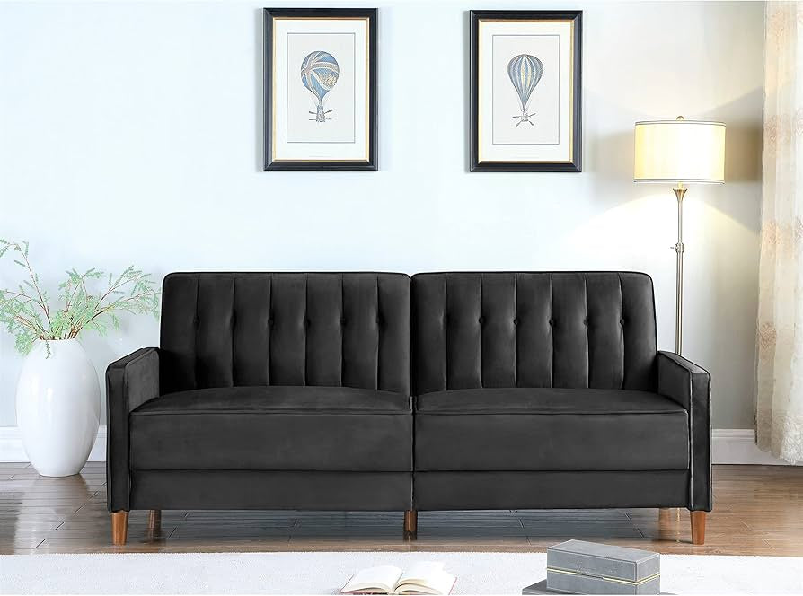 VELVET UPHOLESTERED TUFTED CONVERTIBLE SLEEPER SOFA