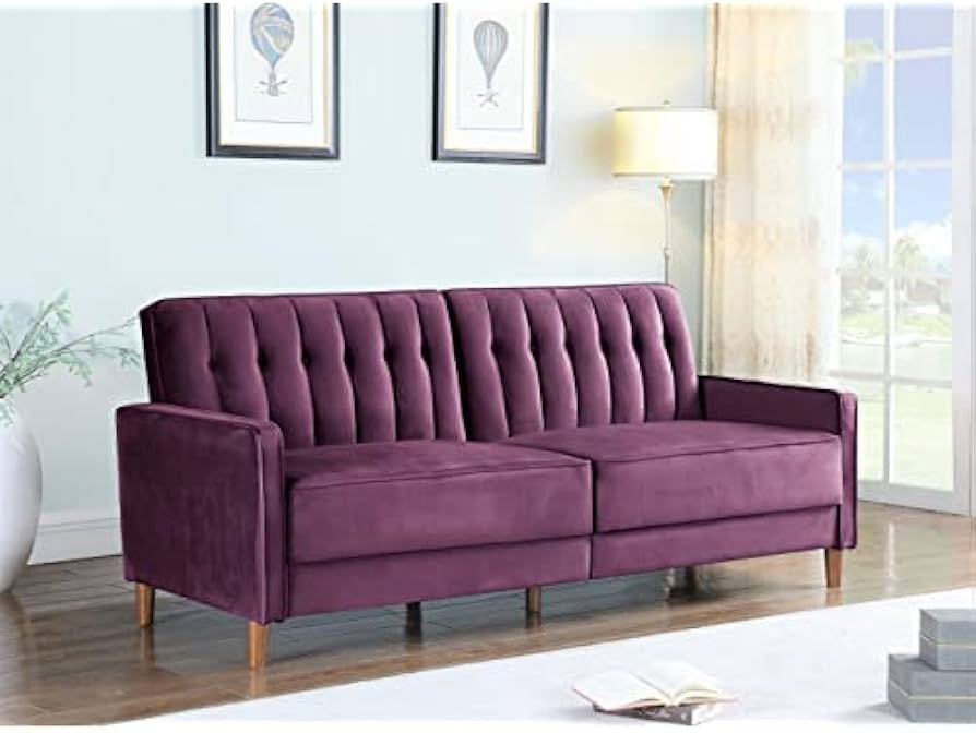 VELVET UPHOLESTERED TUFTED CONVERTIBLE SLEEPER SOFA