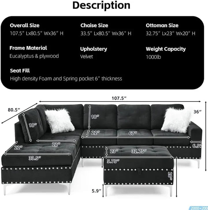 L shape sectional reversible couch with ottoman