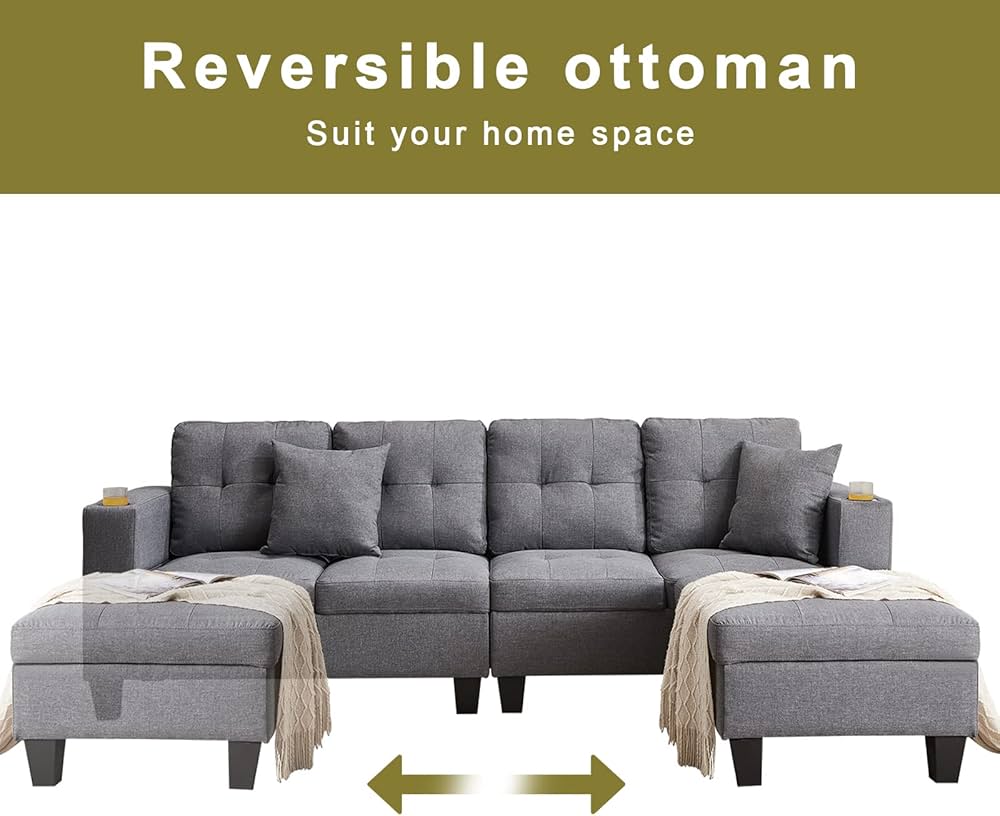 L Shaped Sectional Couch with Storage Ottoman and Cup Holders