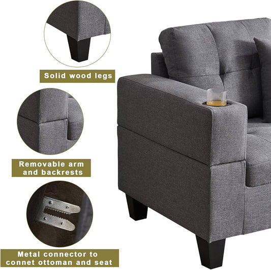 L Shaped Sectional Couch with Storage Ottoman and Cup Holders