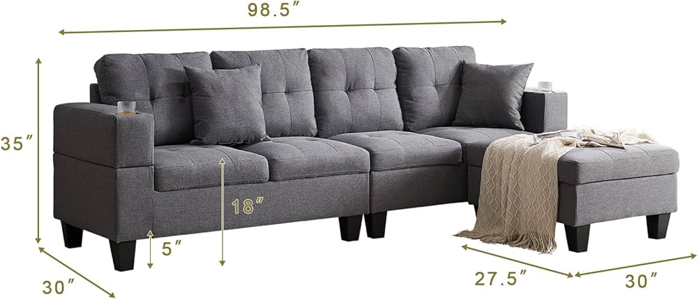L Shaped Sectional Couch with Storage Ottoman and Cup Holders