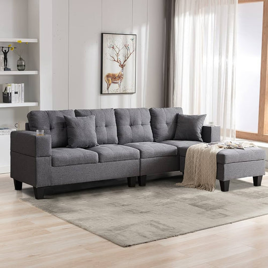 L Shaped Sectional Couch with Storage Ottoman and Cup Holders