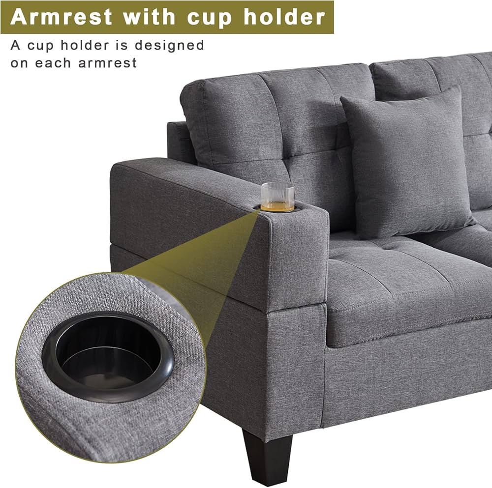 L Shaped Sectional Couch with Storage Ottoman and Cup Holders