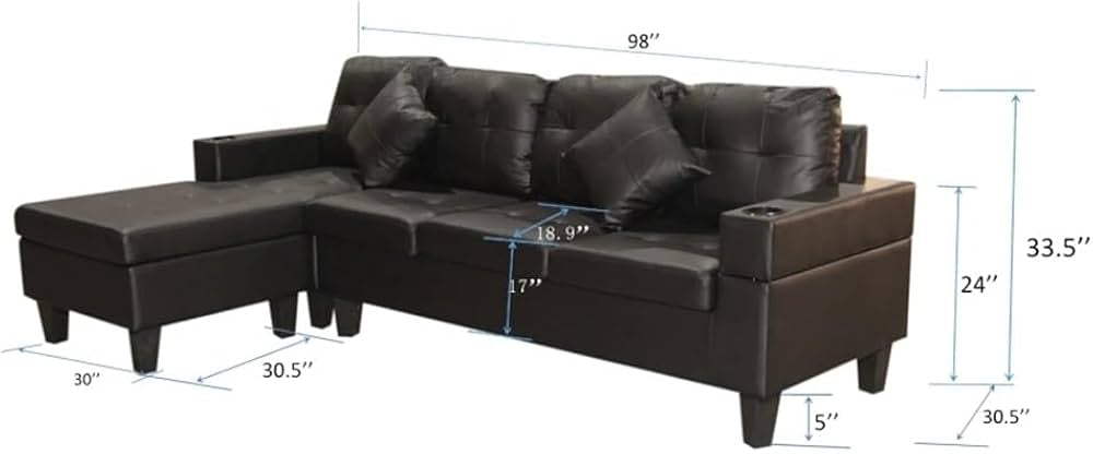 L Shape Chaise Lounge,cup Holder and Left Or Right Hand Chaise 4 Seat Black PU