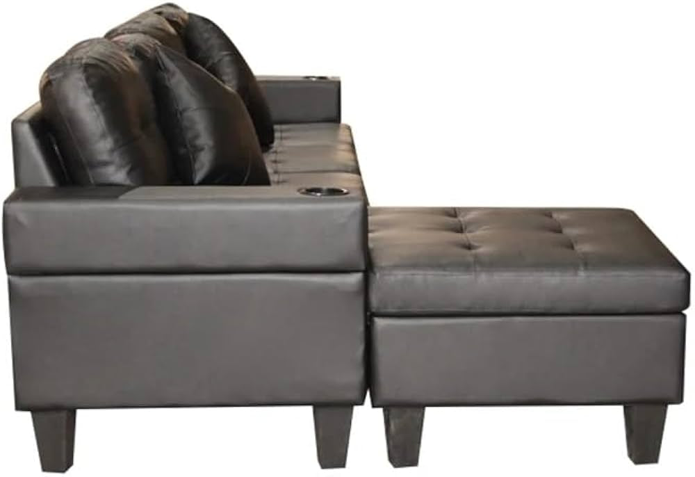 L Shape Chaise Lounge,cup Holder and Left Or Right Hand Chaise 4 Seat Black PU