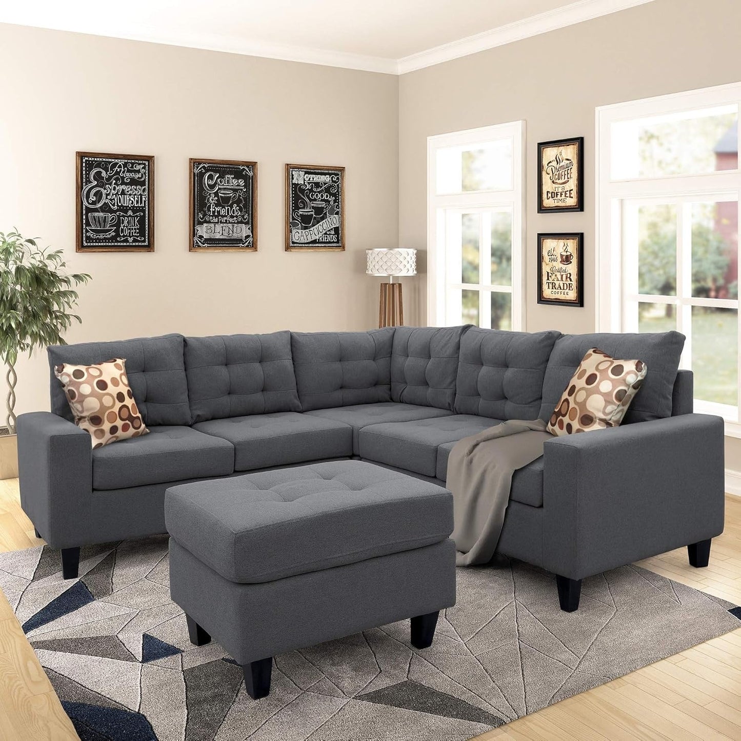 L shape linen febric sectional sofa with ottoman