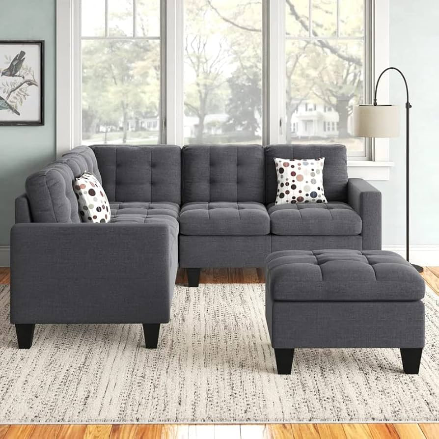 L shape linen febric sectional sofa with ottoman