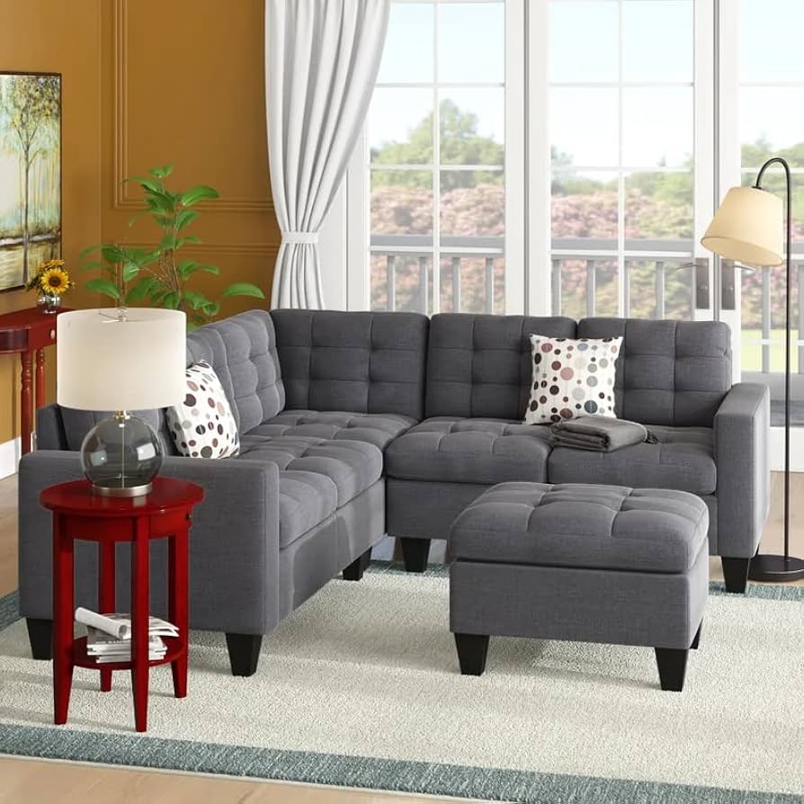 L shape linen febric sectional sofa with ottoman