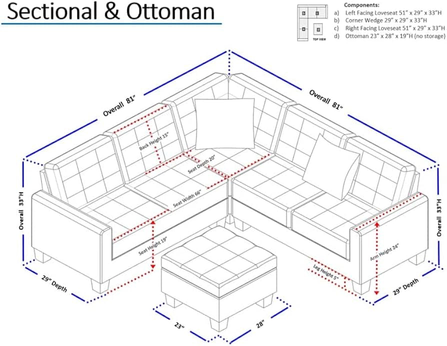 L shape linen febric sectional sofa with ottoman