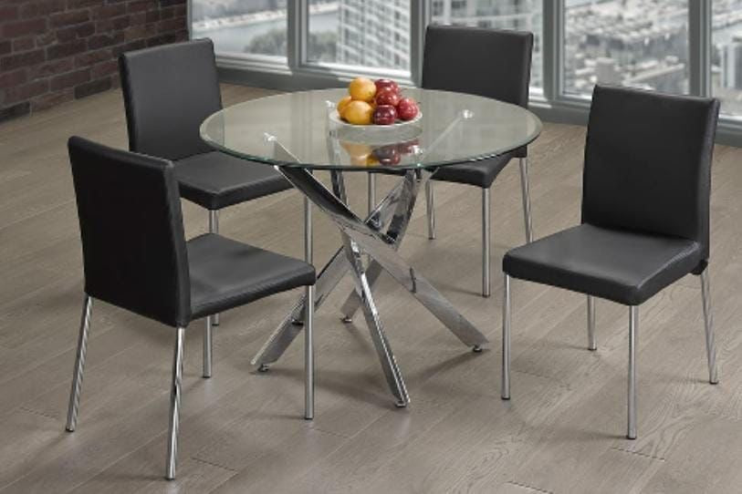 5 pcs glass dining table with leather chairs