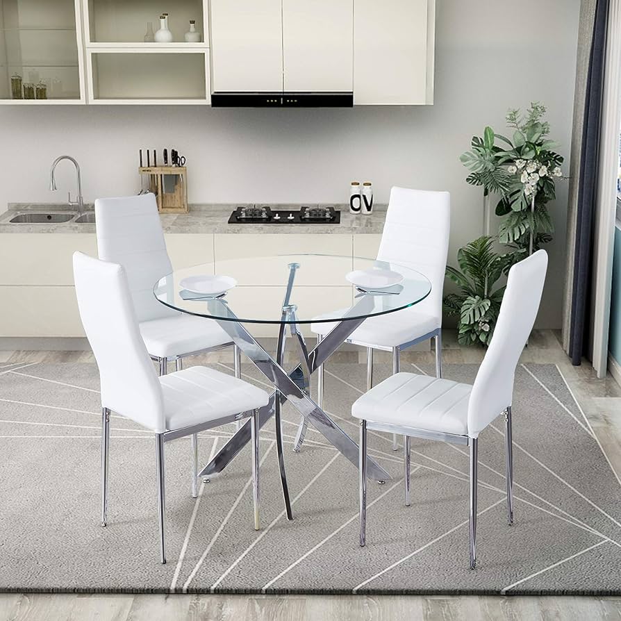 5 pcs glass dining table with leather chairs