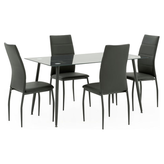 5 pcs glass dining table with leather chairs