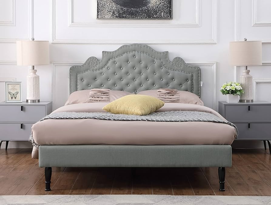 Adjustable linen headboard and bed frame