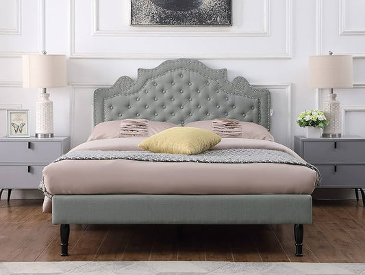 Adjustable linen headboard and bed frame