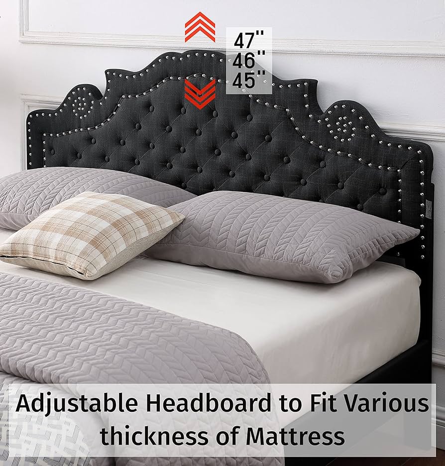 Adjustable linen headboard and bed frame