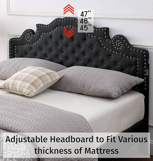 Adjustable linen headboard and bed frame