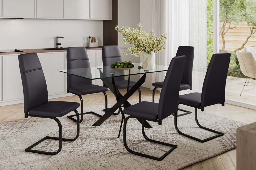 7 pcs glass dining table with leather chairs