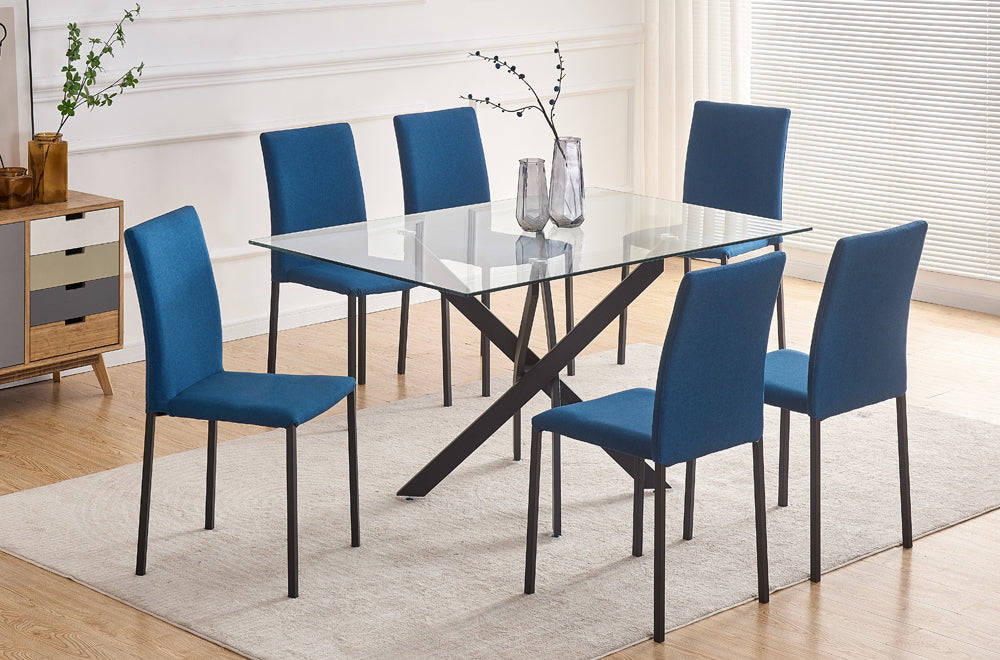 7 pcs glass dining table with linen chairs