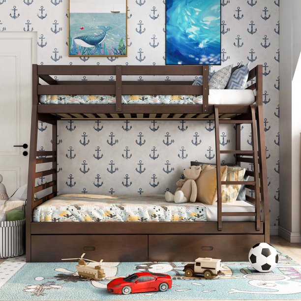 Twin over double wooden bunk bed with storage