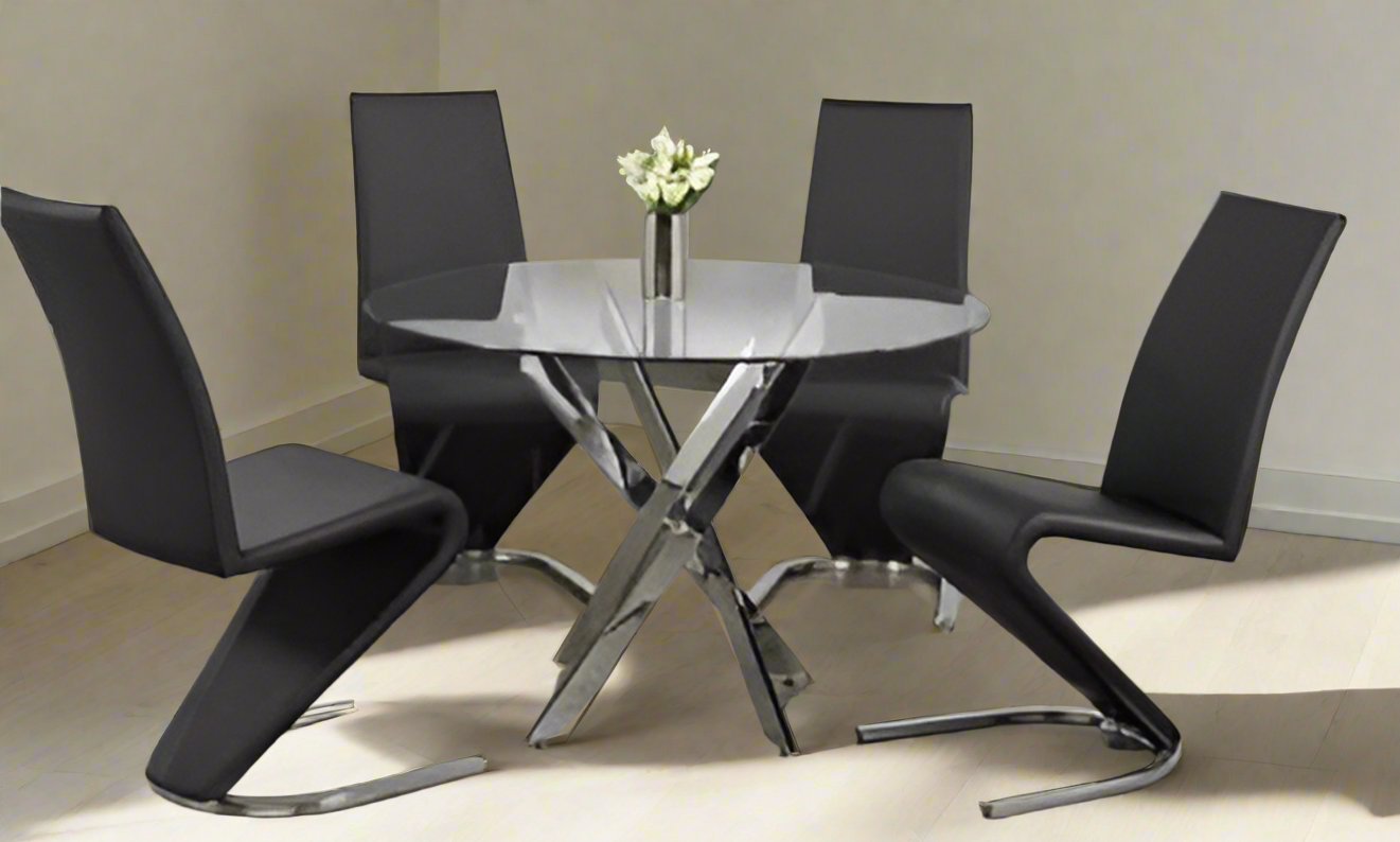 5 pcs glass dining table with leather chairs