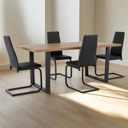 5 pcs wooden dining table with leather chairs