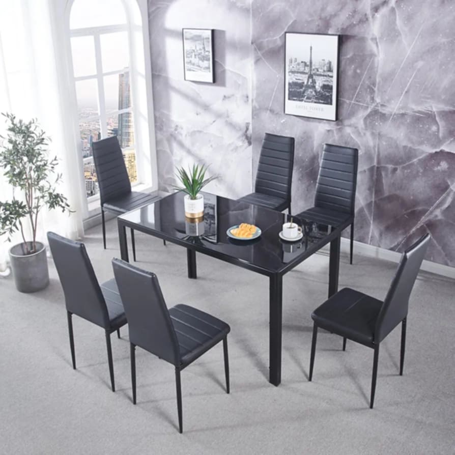 7  pcs glass dining table with leather chairs