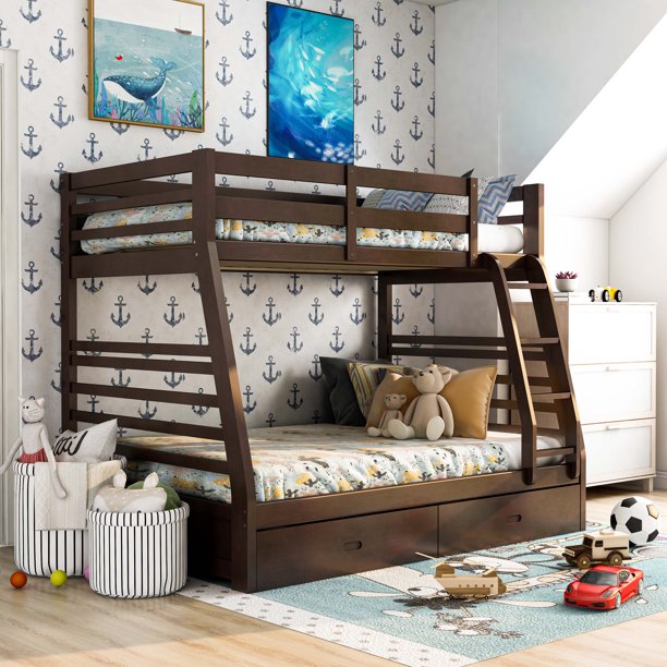 Twin over double wooden bunk bed with storage