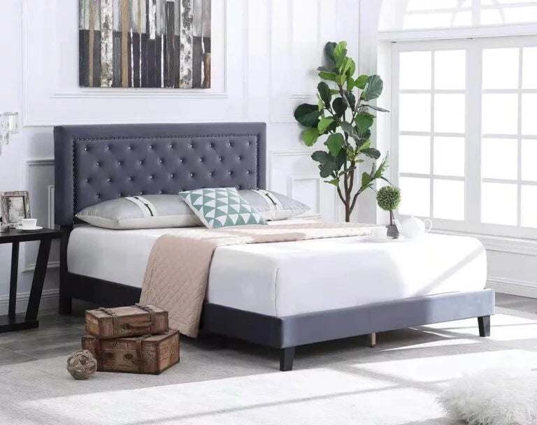 Adjustable velvet headboard and bed frame